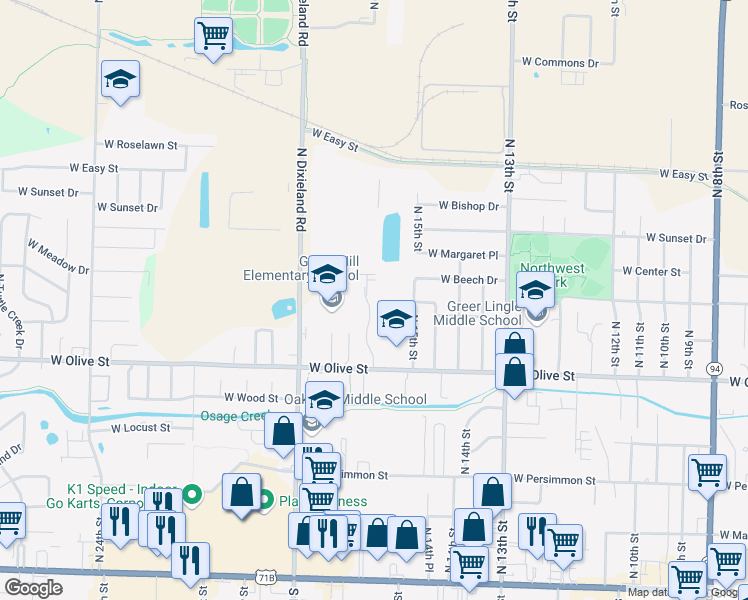 map of restaurants, bars, coffee shops, grocery stores, and more near 959 North 16th Street in Rogers