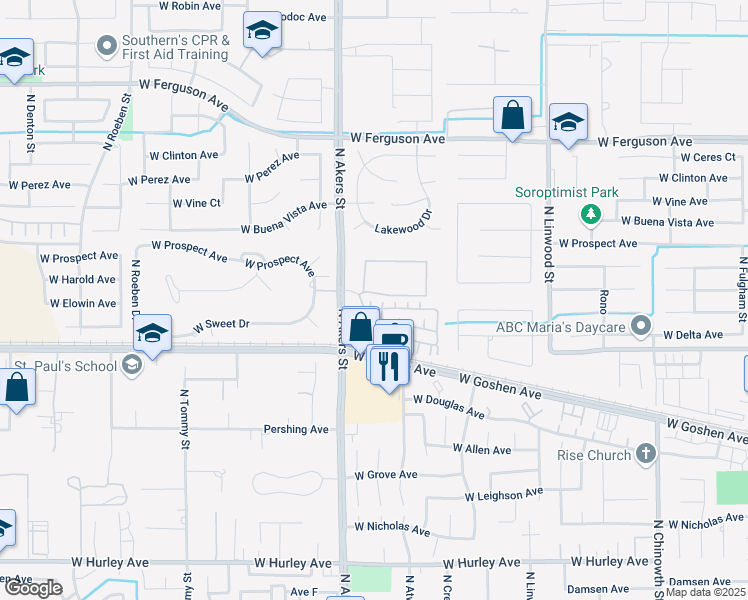 map of restaurants, bars, coffee shops, grocery stores, and more near 1620 North Oliveto Court in Visalia