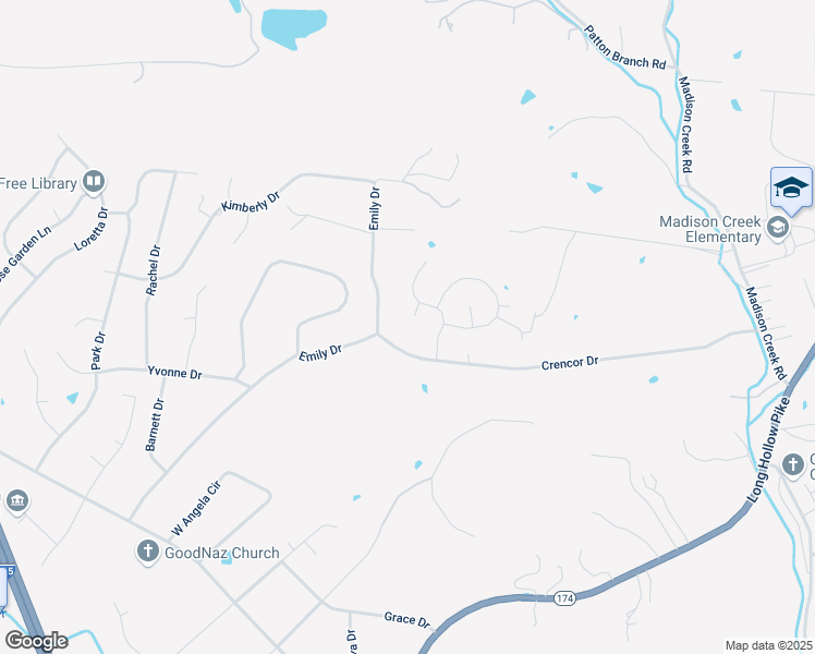 map of restaurants, bars, coffee shops, grocery stores, and more near 105 Justin Court in Goodlettsville