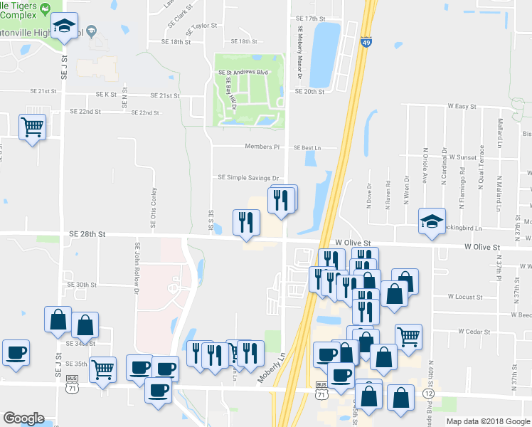 map of restaurants, bars, coffee shops, grocery stores, and more near 2700 Southeast Moberly Lane in Bentonville