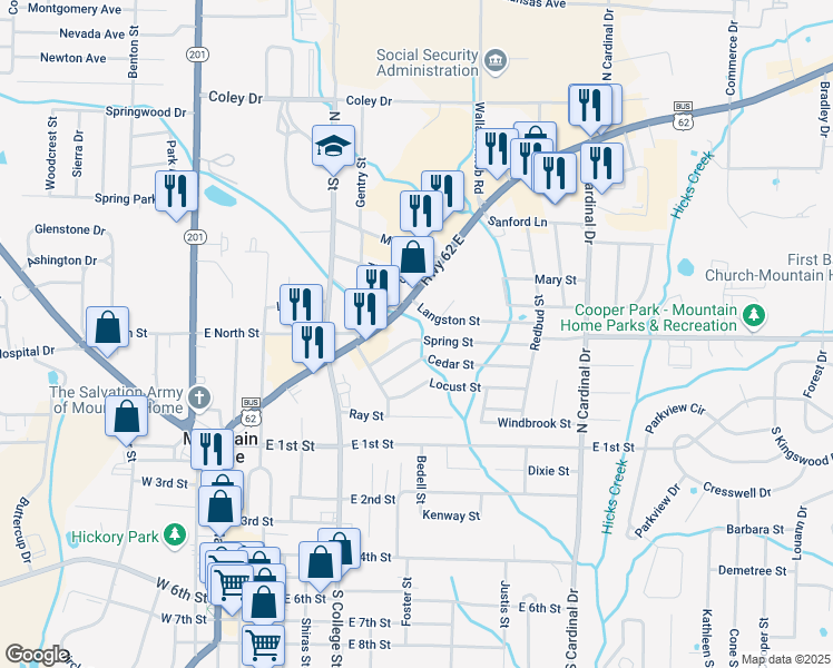 map of restaurants, bars, coffee shops, grocery stores, and more near 527 Spring Street in Mountain Home