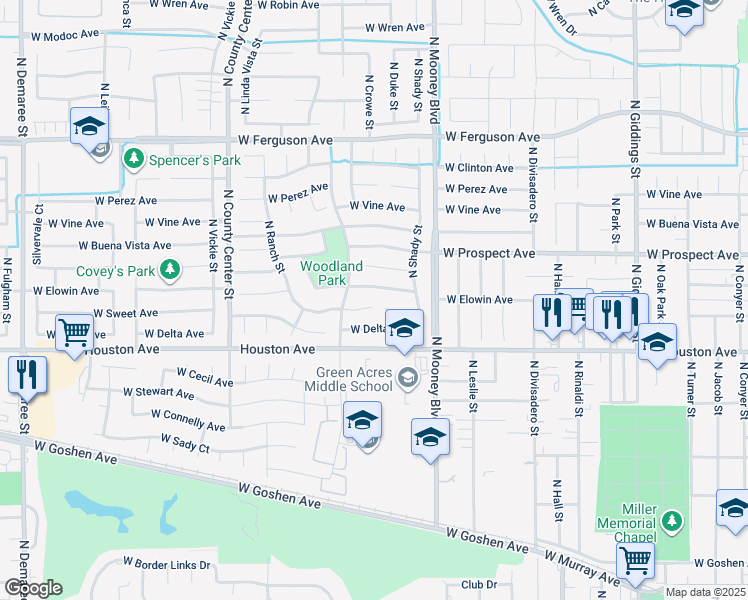 map of restaurants, bars, coffee shops, grocery stores, and more near 2400 West Sweet Court in Visalia