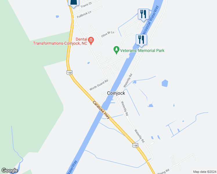 map of restaurants, bars, coffee shops, grocery stores, and more near 230 Worth Guard Road in Coinjock