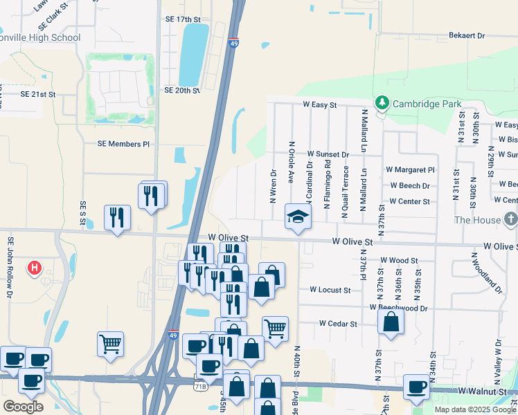 map of restaurants, bars, coffee shops, grocery stores, and more near 905 North Raven Road in Rogers