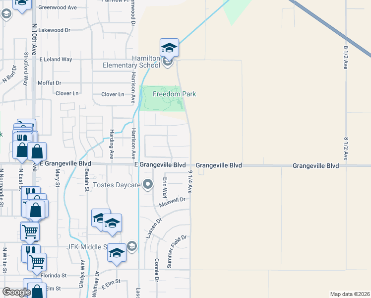 map of restaurants, bars, coffee shops, grocery stores, and more near 8360 9 1/4 Avenue in Hanford