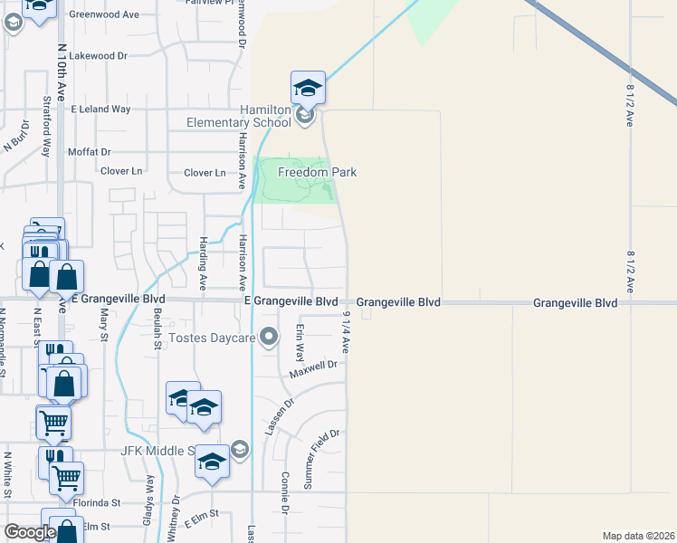 map of restaurants, bars, coffee shops, grocery stores, and more near 8360 9 1/4 Avenue in Hanford