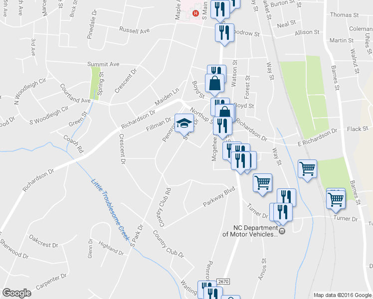 map of restaurants, bars, coffee shops, grocery stores, and more near 1307 South Park Drive in Reidsville