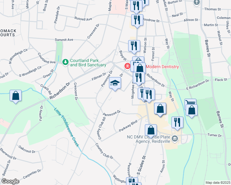 map of restaurants, bars, coffee shops, grocery stores, and more near 1307 South Park Drive in Reidsville