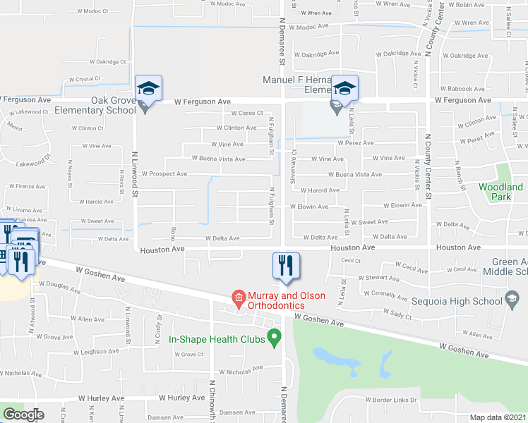 map of restaurants, bars, coffee shops, grocery stores, and more near 3739 West Elowin Avenue in Visalia