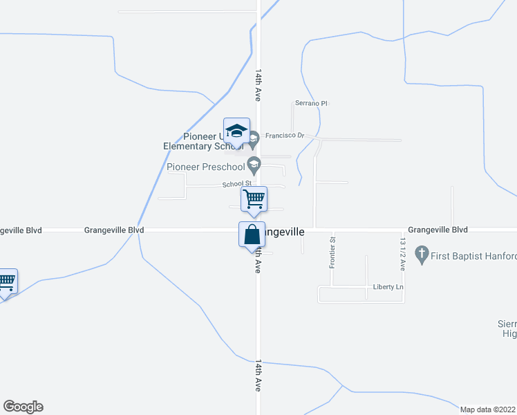 map of restaurants, bars, coffee shops, grocery stores, and more near 14th Avenue & Hackett Street in Hanford