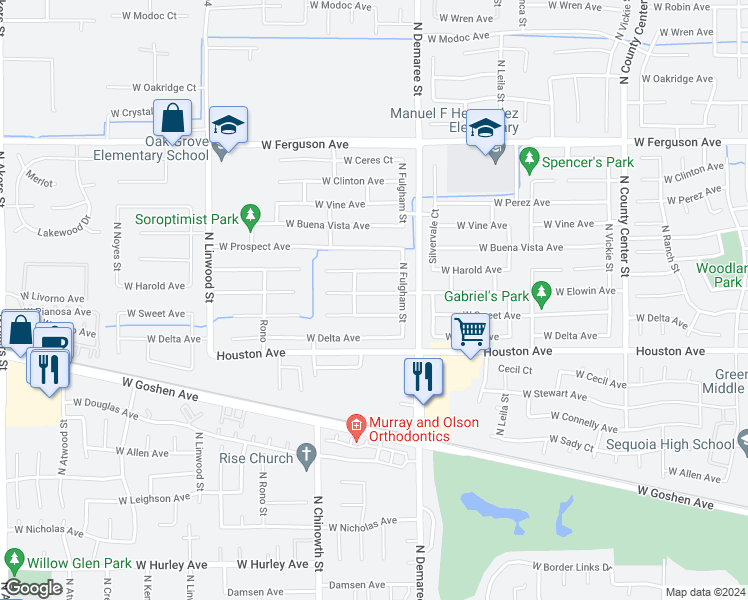 map of restaurants, bars, coffee shops, grocery stores, and more near 3823 West Elowin Avenue in Visalia