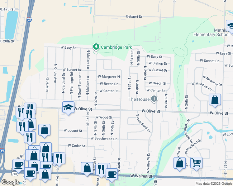 map of restaurants, bars, coffee shops, grocery stores, and more near 3403 Mockingbird Lane in Rogers