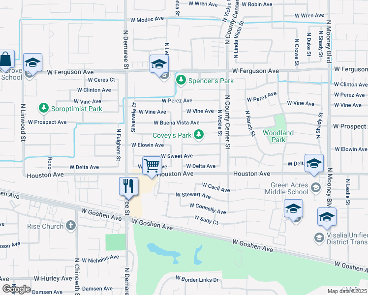 map of restaurants, bars, coffee shops, grocery stores, and more near 3202 West Sweet Avenue in Visalia