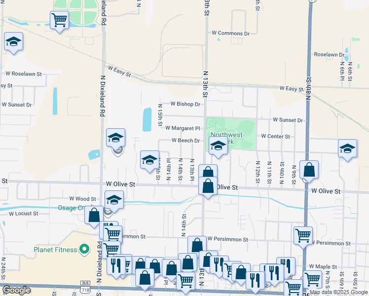 map of restaurants, bars, coffee shops, grocery stores, and more near 904 North 13th Place in Rogers