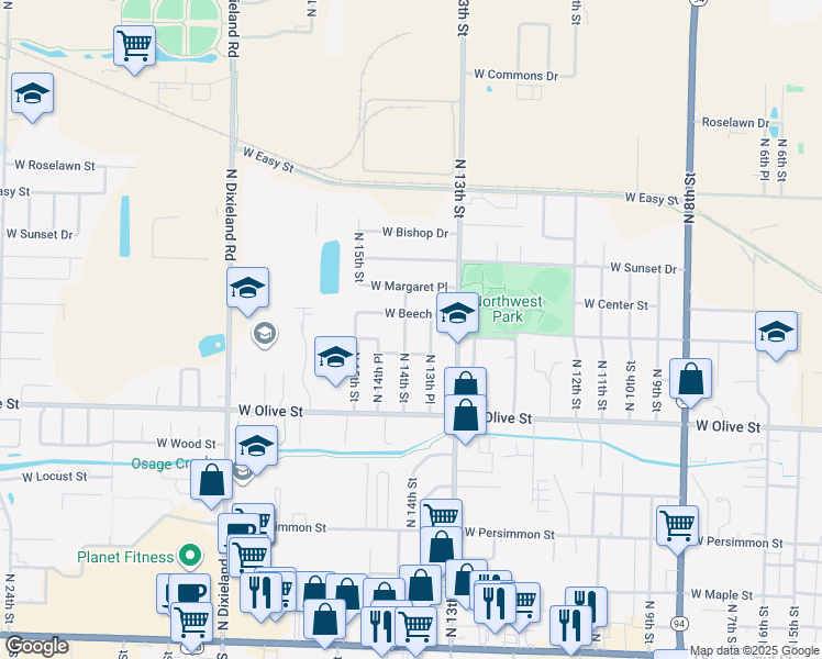 map of restaurants, bars, coffee shops, grocery stores, and more near 904 North 14th Street in Rogers