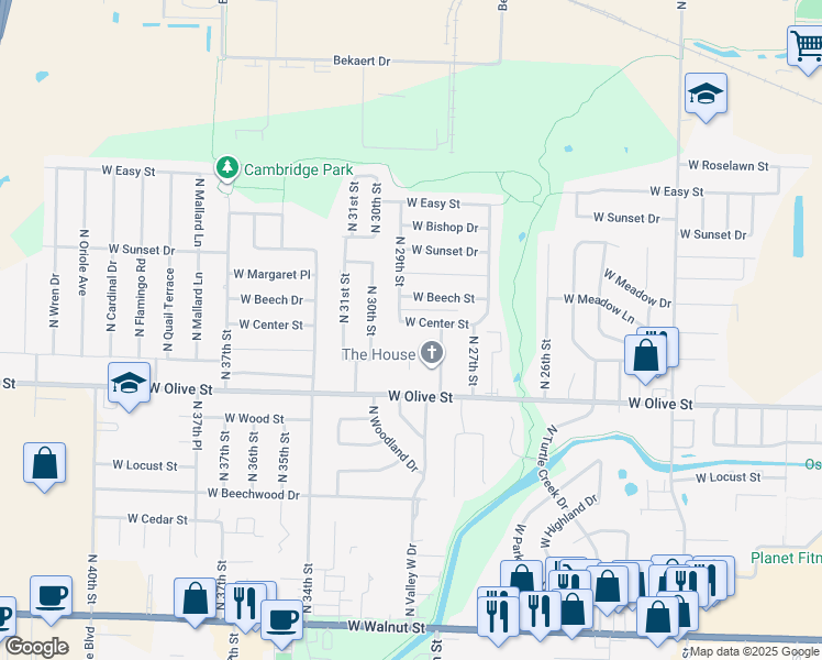 map of restaurants, bars, coffee shops, grocery stores, and more near 2808 West Center Street in Rogers