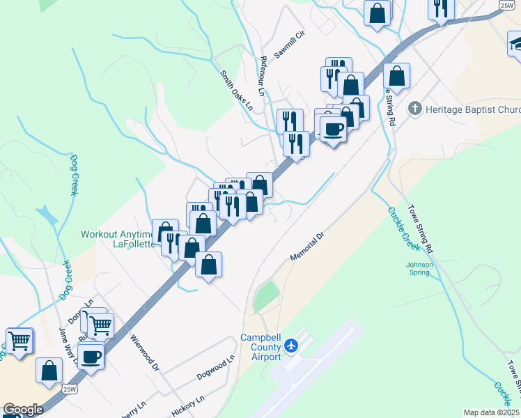 map of restaurants, bars, coffee shops, grocery stores, and more near 2327 Jacksboro Pike in LaFollette