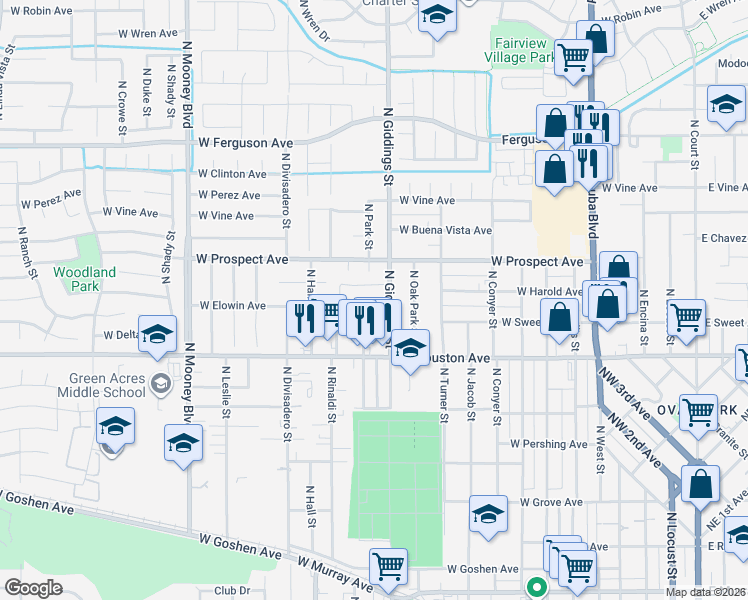 map of restaurants, bars, coffee shops, grocery stores, and more near 1409 North Park Street in Visalia