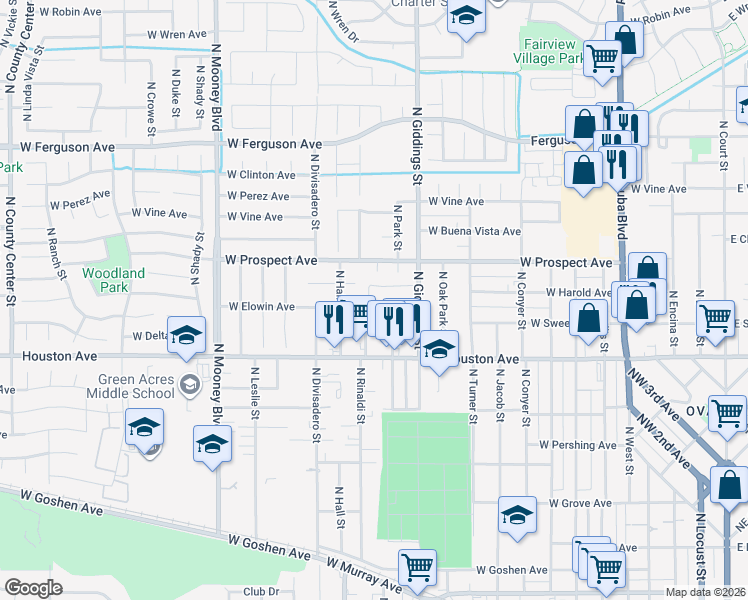map of restaurants, bars, coffee shops, grocery stores, and more near 1409 North Park Street in Visalia