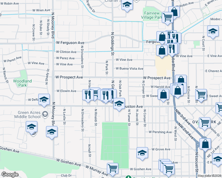map of restaurants, bars, coffee shops, grocery stores, and more near 1540 North Giddings Street in Visalia