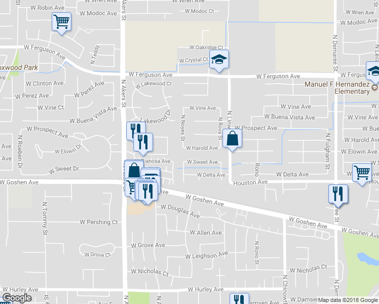 map of restaurants, bars, coffee shops, grocery stores, and more near 4809 West Harold Avenue in Visalia