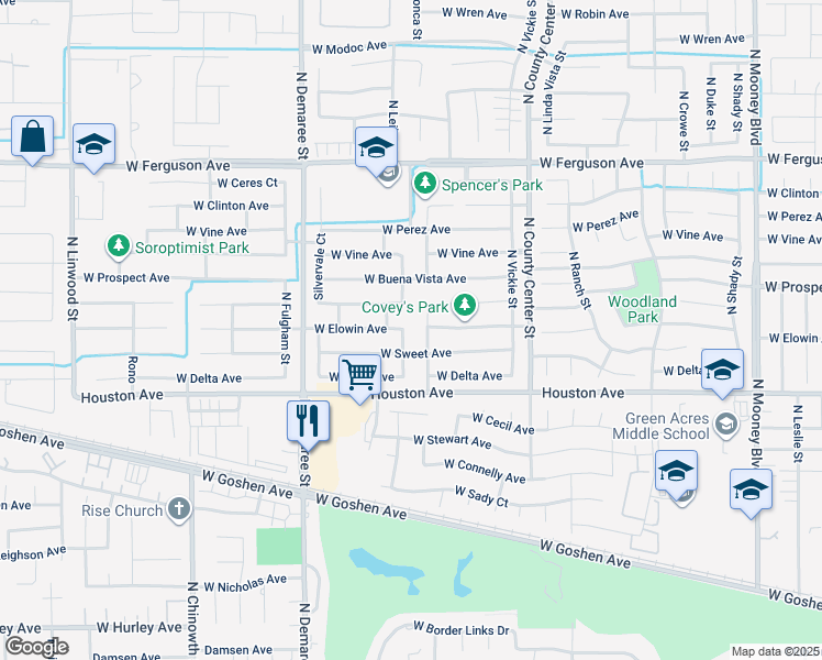 map of restaurants, bars, coffee shops, grocery stores, and more near 1516 North Leila Street in Visalia