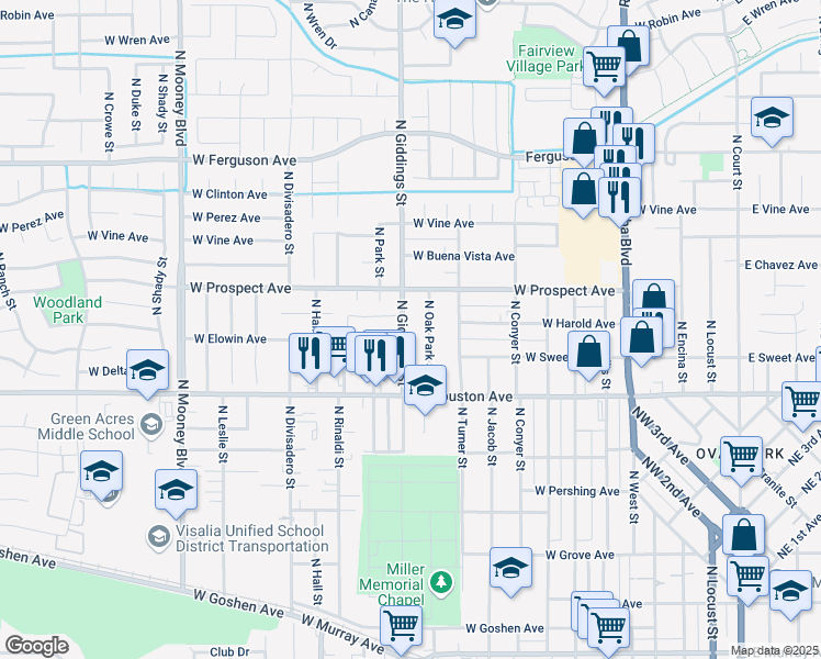 map of restaurants, bars, coffee shops, grocery stores, and more near 1624 North Giddings Street in Visalia