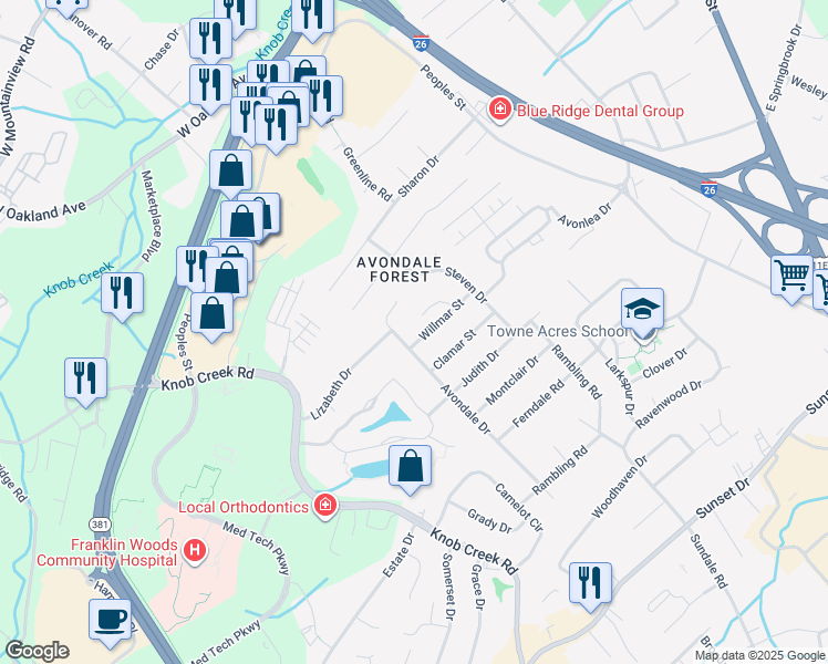 map of restaurants, bars, coffee shops, grocery stores, and more near 2704 Avondale Drive in Johnson City