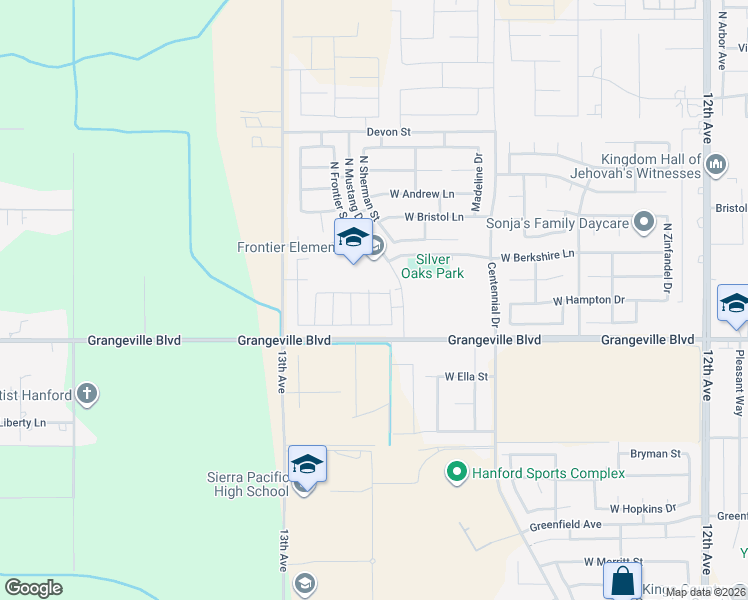 map of restaurants, bars, coffee shops, grocery stores, and more near 2459 West Hampton Drive in Hanford
