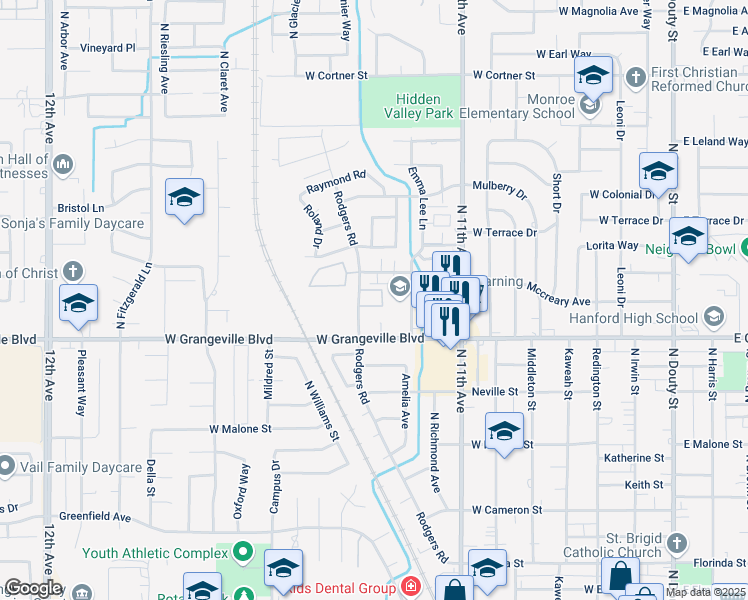 map of restaurants, bars, coffee shops, grocery stores, and more near 1850 Rodgers Road in Hanford