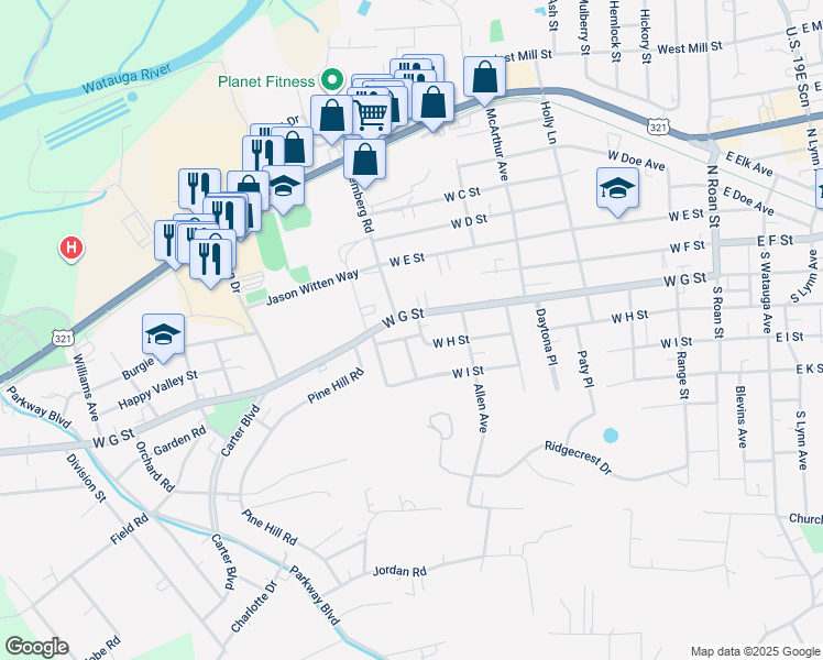 map of restaurants, bars, coffee shops, grocery stores, and more near 724 West H Street in Elizabethton