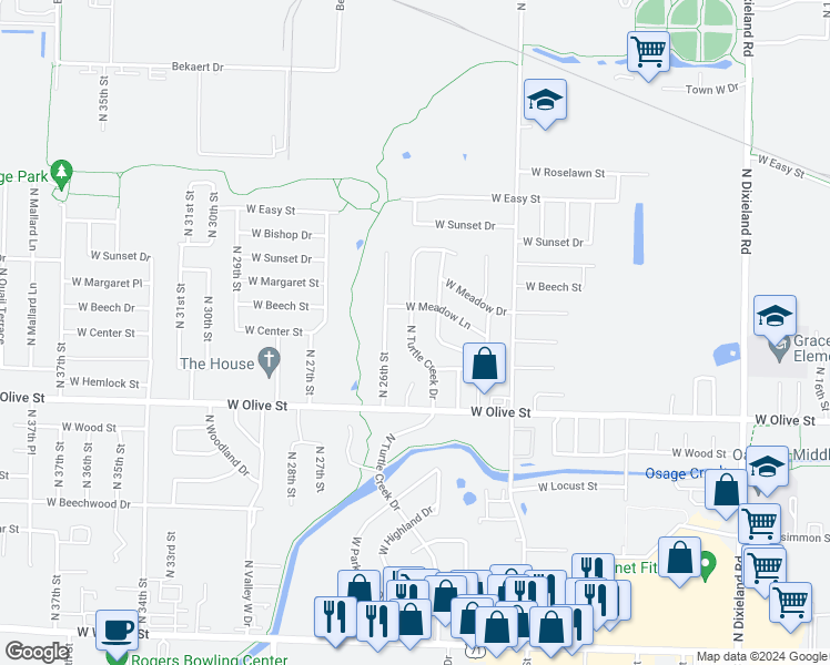 map of restaurants, bars, coffee shops, grocery stores, and more near 919 Turtle Creek Drive in Rogers