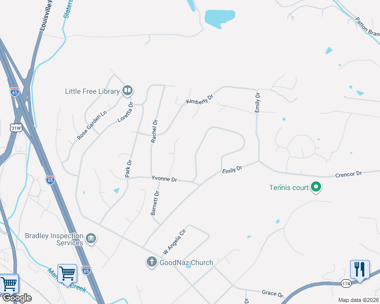 map of restaurants, bars, coffee shops, grocery stores, and more near 513 Natalie Drive in Goodlettsville