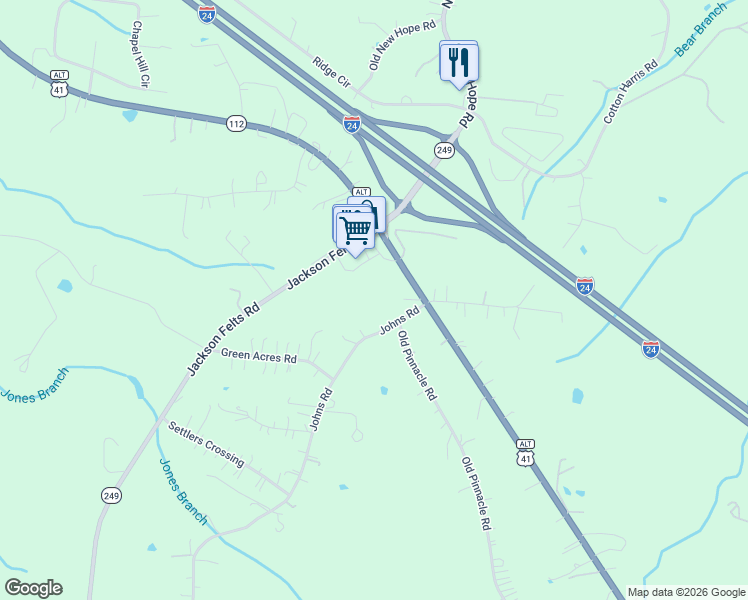 map of restaurants, bars, coffee shops, grocery stores, and more near 1229 Johns Road in Cheatham County