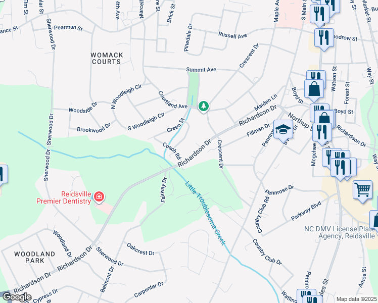 map of restaurants, bars, coffee shops, grocery stores, and more near 1430 Richardson Drive in Reidsville