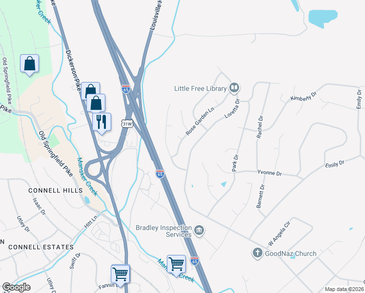 map of restaurants, bars, coffee shops, grocery stores, and more near 832 Loretta Drive in Goodlettsville