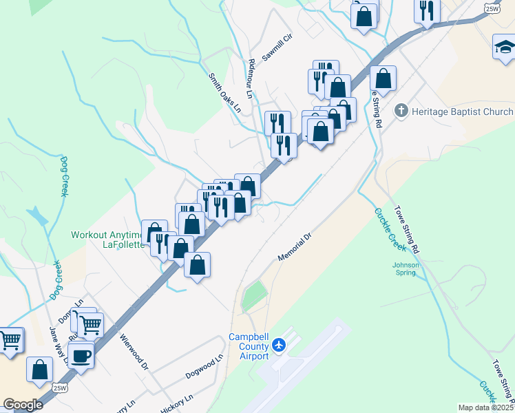 map of restaurants, bars, coffee shops, grocery stores, and more near 2327 Jacksboro Pike in LaFollette