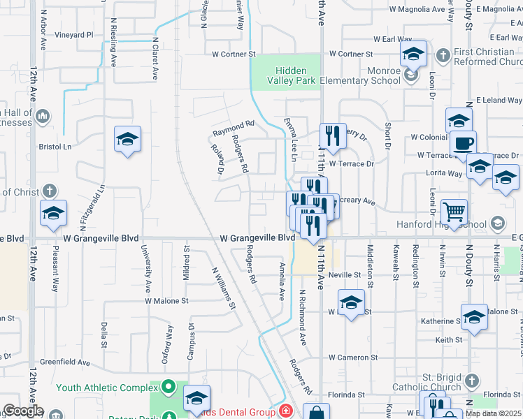 map of restaurants, bars, coffee shops, grocery stores, and more near 1850 Rodgers Road in Hanford