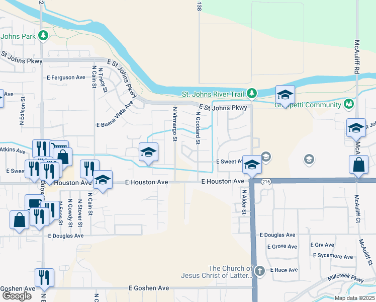 map of restaurants, bars, coffee shops, grocery stores, and more near 2405 East Parker Court in Visalia