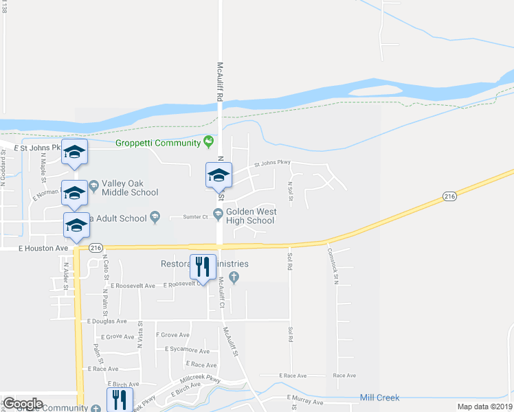 map of restaurants, bars, coffee shops, grocery stores, and more near 3905 East Elowin Avenue in Visalia