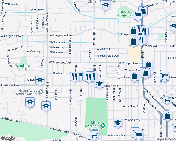 map of restaurants, bars, coffee shops, grocery stores, and more near 1409 North Park Street in Visalia