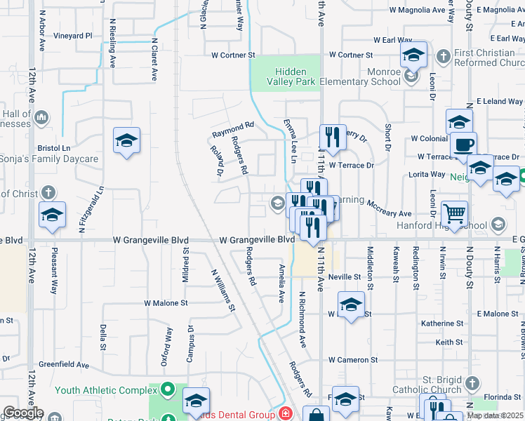 map of restaurants, bars, coffee shops, grocery stores, and more near 1722 Emma Lee Ln in Hanford