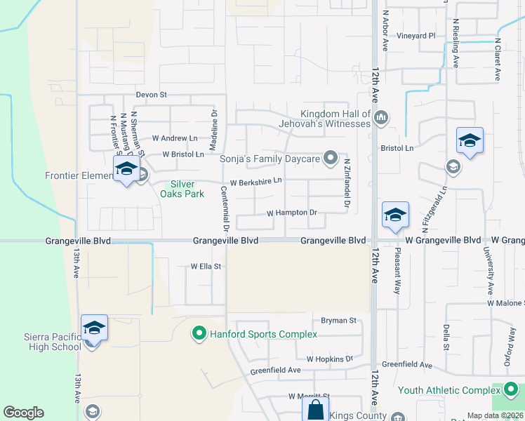 map of restaurants, bars, coffee shops, grocery stores, and more near 2048 West Claridge Way in Hanford
