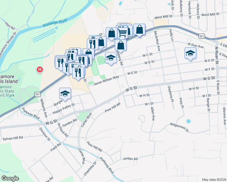 map of restaurants, bars, coffee shops, grocery stores, and more near 912 West G Street in Elizabethton