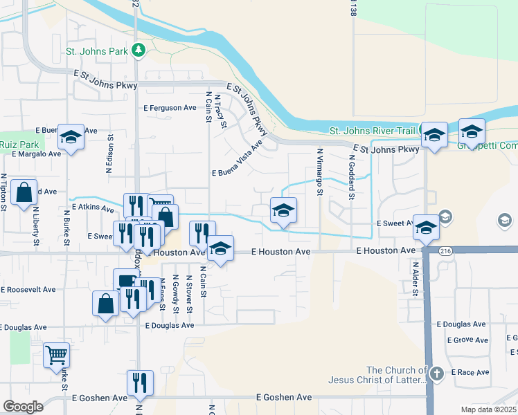 map of restaurants, bars, coffee shops, grocery stores, and more near 1918 East Harold Avenue in Visalia