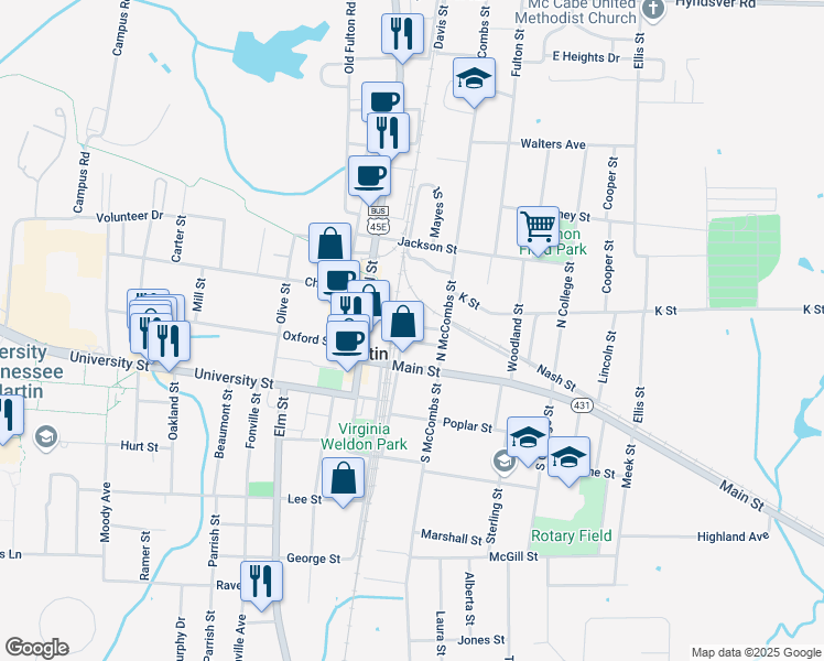 map of restaurants, bars, coffee shops, grocery stores, and more near 100 Broadway Street in Martin