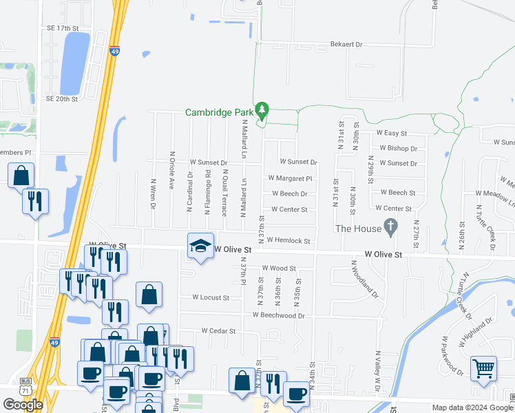 map of restaurants, bars, coffee shops, grocery stores, and more near 1002 North 37th Street in Rogers