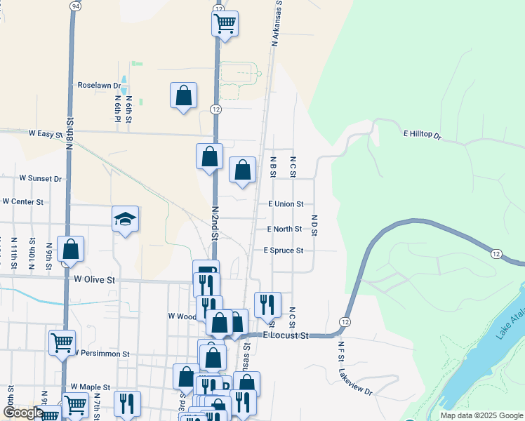 map of restaurants, bars, coffee shops, grocery stores, and more near 1200 North B Street in Rogers