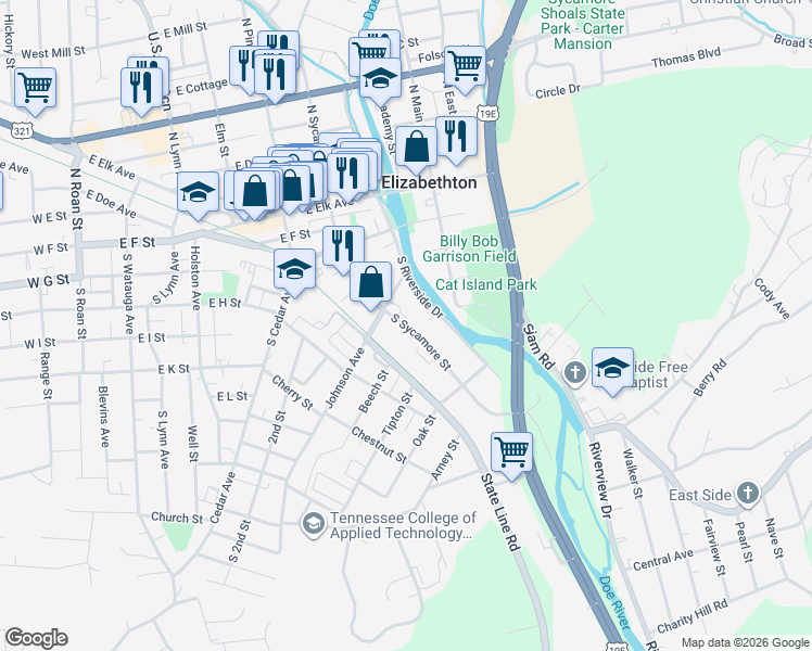 map of restaurants, bars, coffee shops, grocery stores, and more near 416 South Sycamore Street in Elizabethton