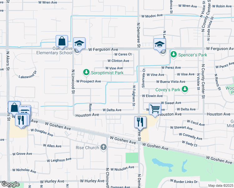 map of restaurants, bars, coffee shops, grocery stores, and more near 4004 West Sweet Court in Visalia